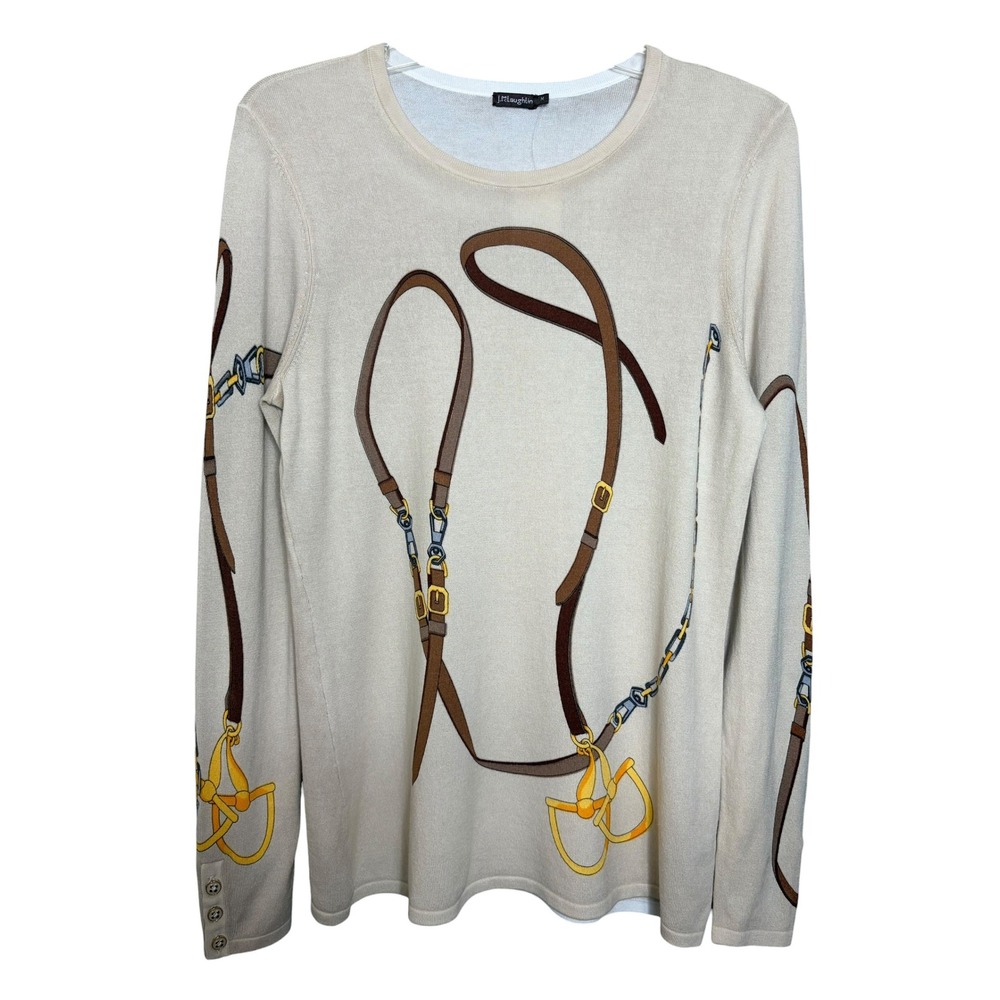 J.McLaughlin Lenny Sweater M Beige Equestrian Print Crew Neck Cotton Blend NWT - Picture 8 of 10